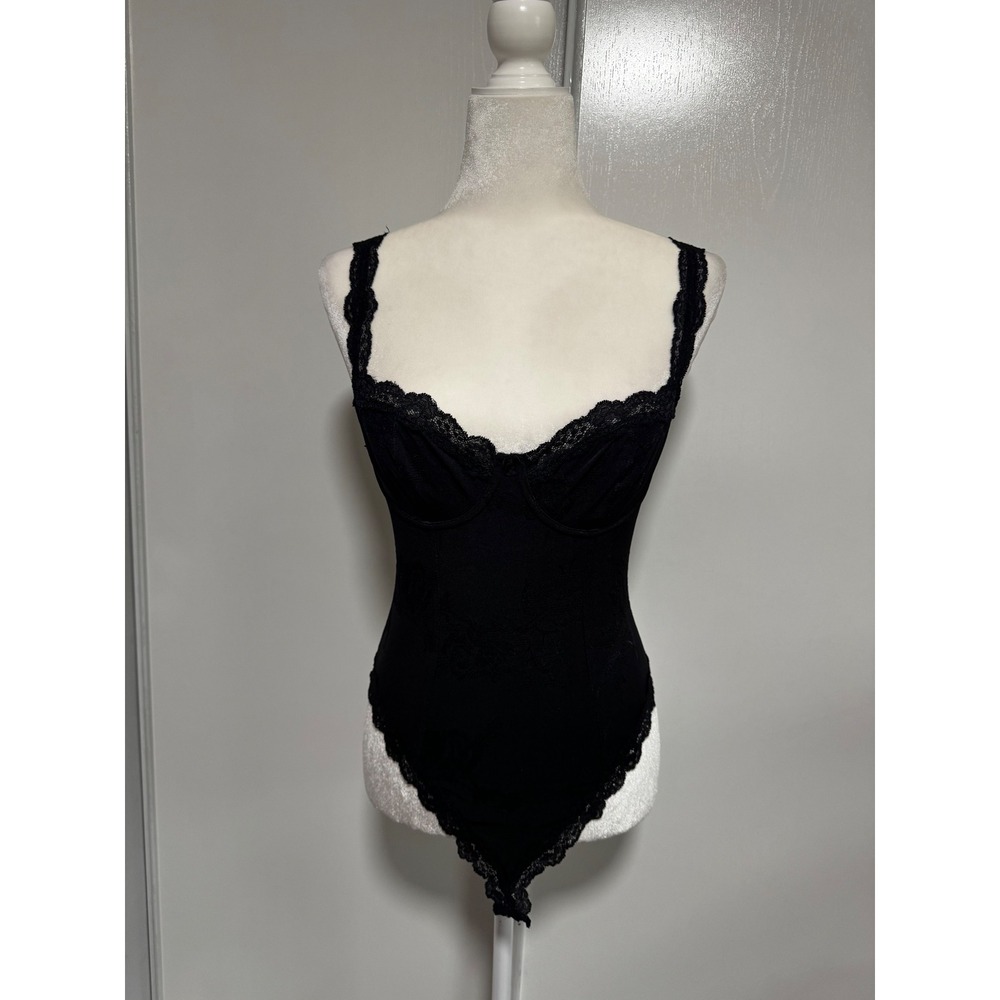 Arianne‎ Lace Trim Bodysuit Black Floral Patterned Sleeveless Lingerie Top Small
